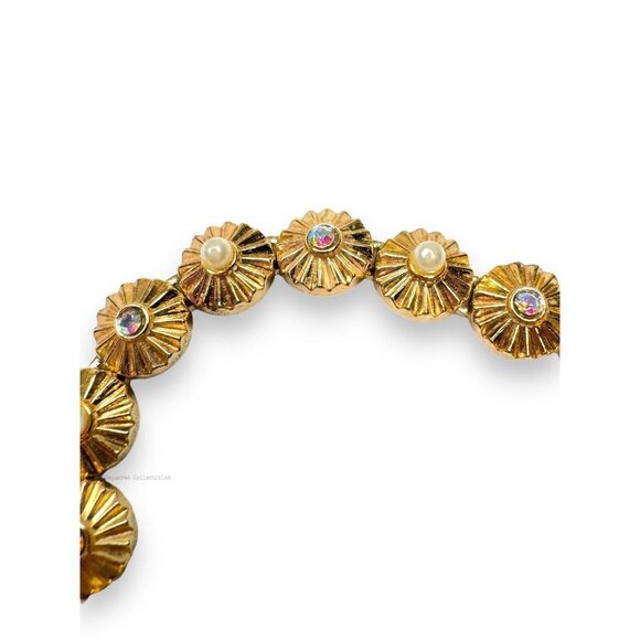 Crown Trifari Gold Tone AB Crystal Faux Pearl Bracelet Clip On Earring Set - Picture 8 of 16